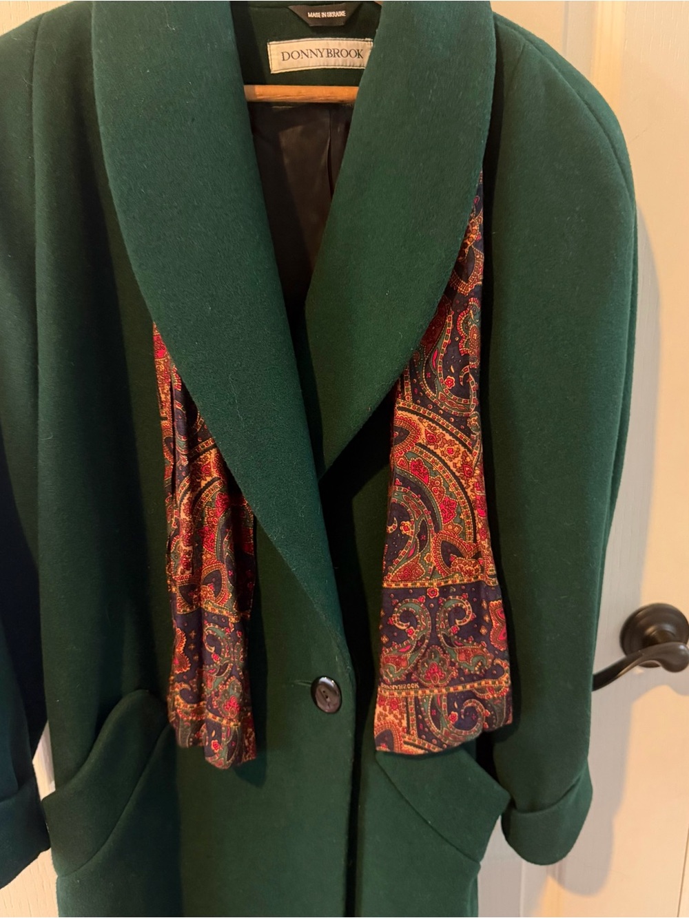 Donnybrook Forest Green Coat with Paisley Scarf Detail